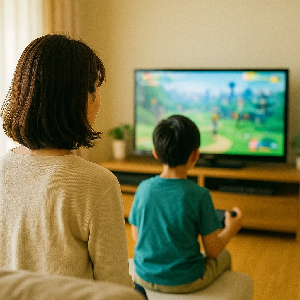 ゲームをしている子どもを見守る親子のイメージ